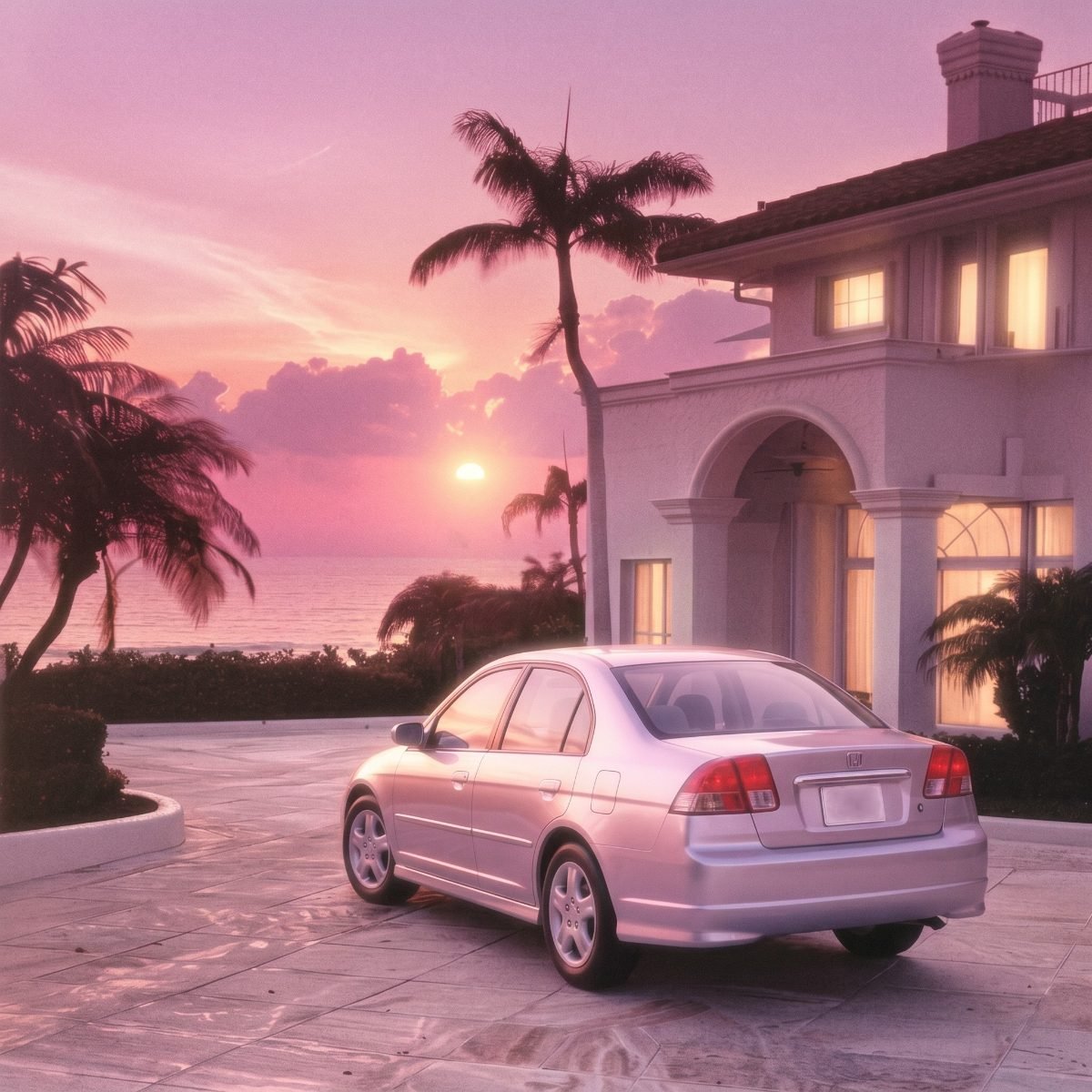 In the driveway of a beach house at sunset